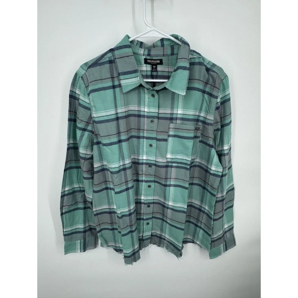 NWT True‎ Religion Western Plaid Flannel Shirt Men's Large Teal Grey Long Sleeve